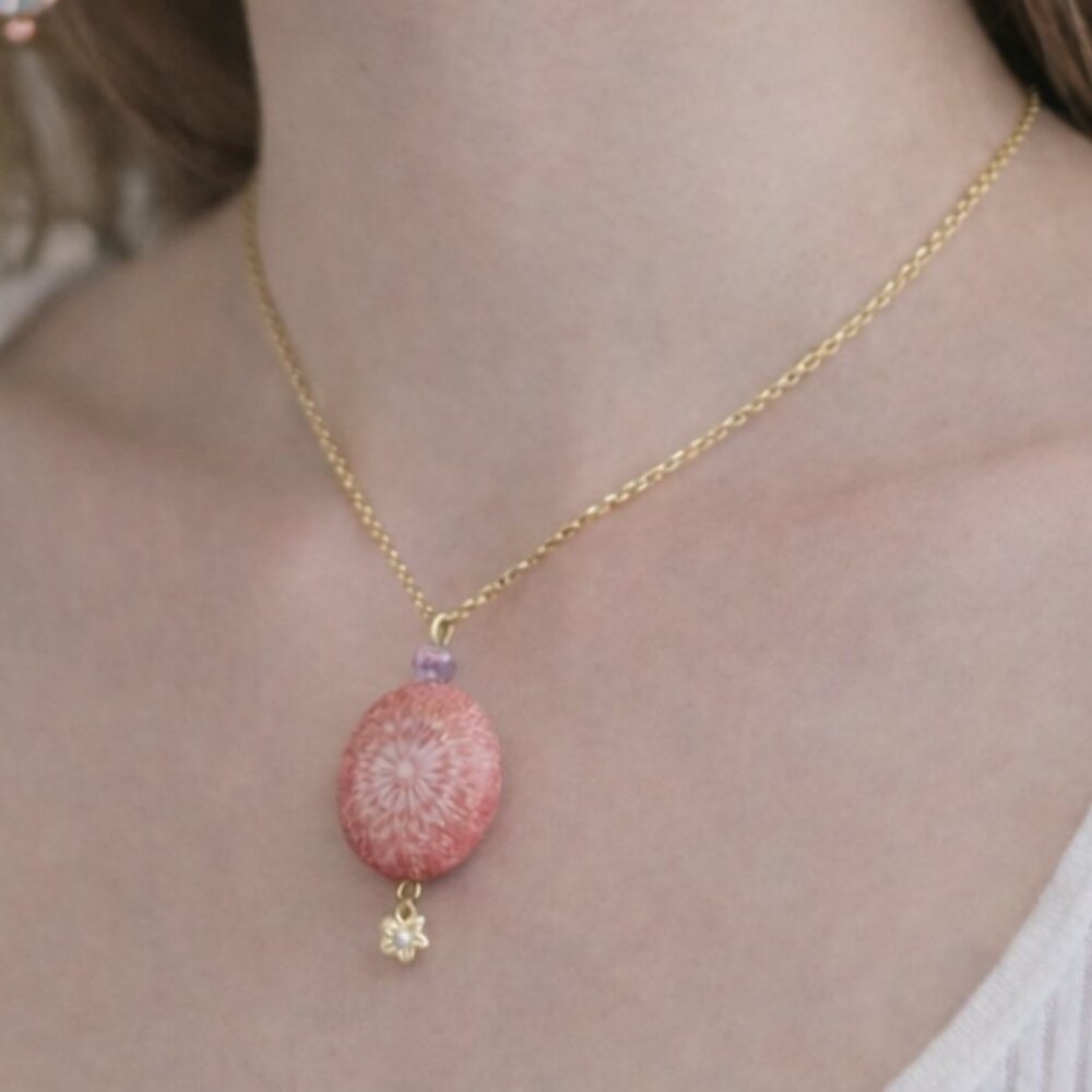Patch & Roam pink fossilized coral pendant necklace with floral bead detail